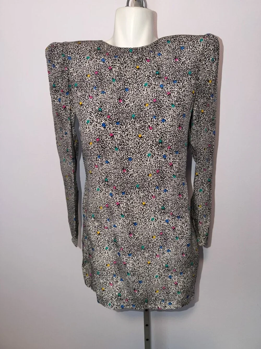 Vintage 80s Silk Studio Skirt Blouse Set 100% Silk Confetti Print Ruffle 2 Piece - Picture 7 of 8